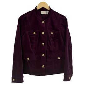 Chicos Purple Velvet Military Jacket Gold Buttons Mock Neck Size 1 New